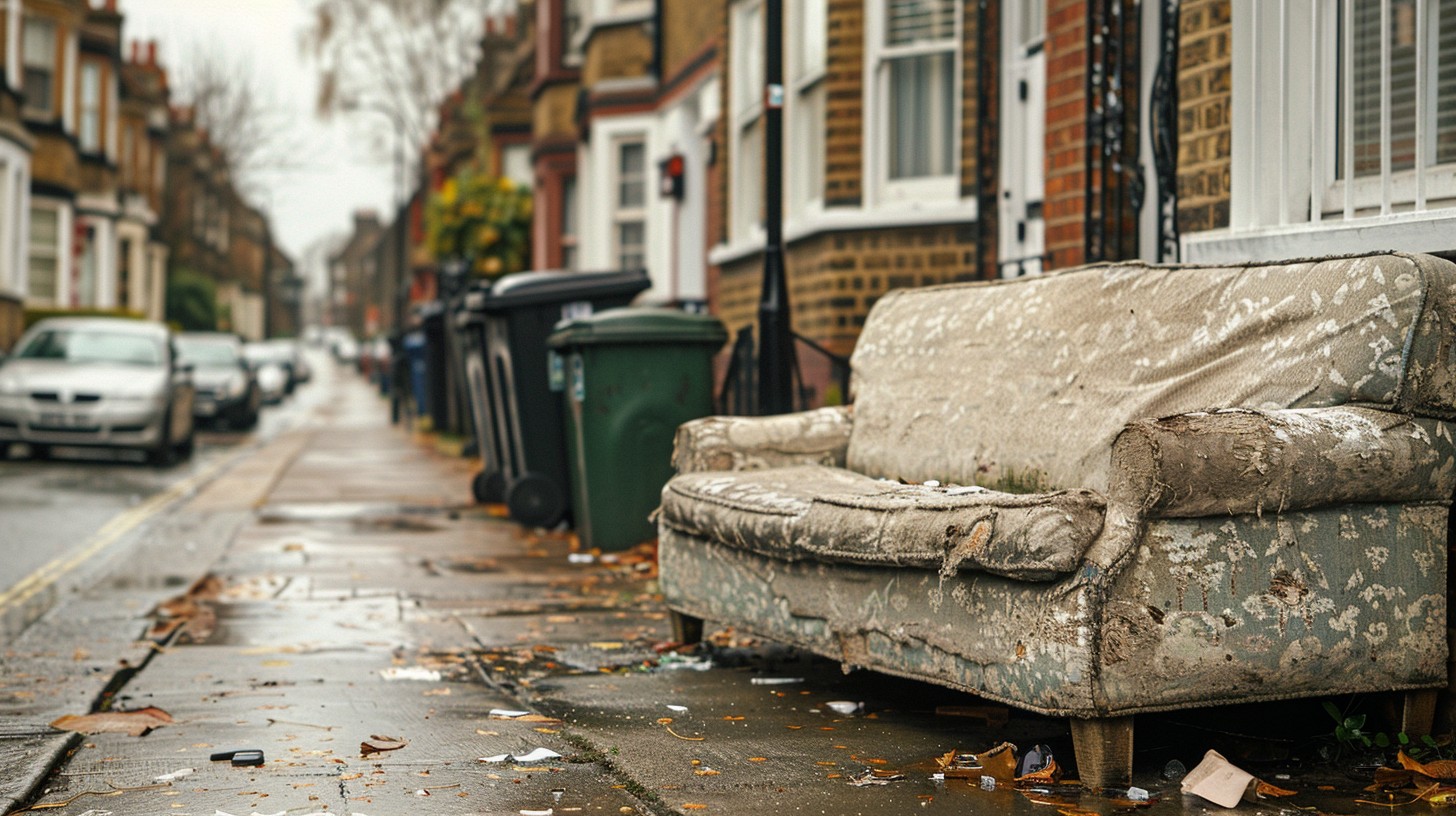 a worn, sagging fabric sofa left on a pavement outside a modest terraced house on a quiet North West London residential street