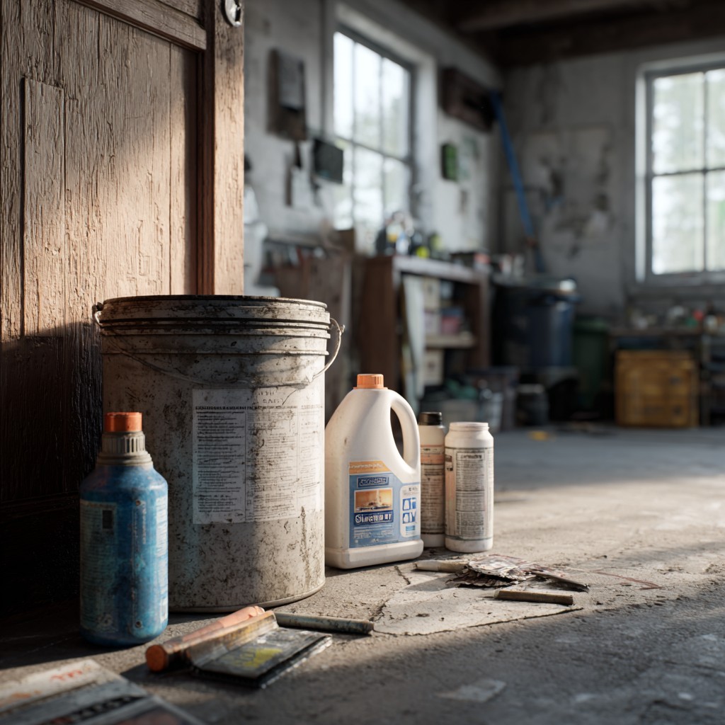 scattered worn household cleaning supplies