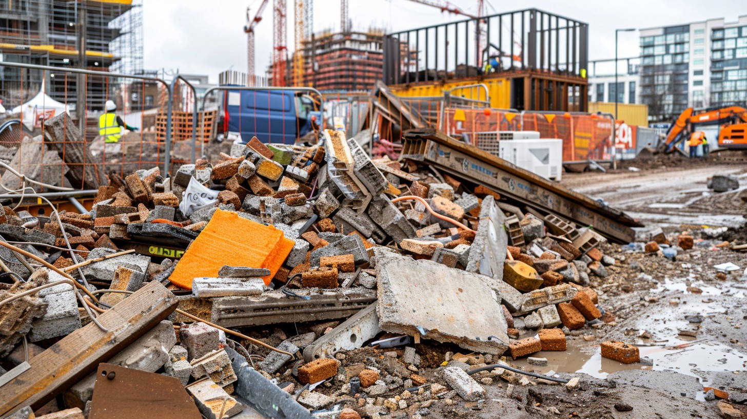 Large pile of mixed construction waste on a busy commercial building site in East London