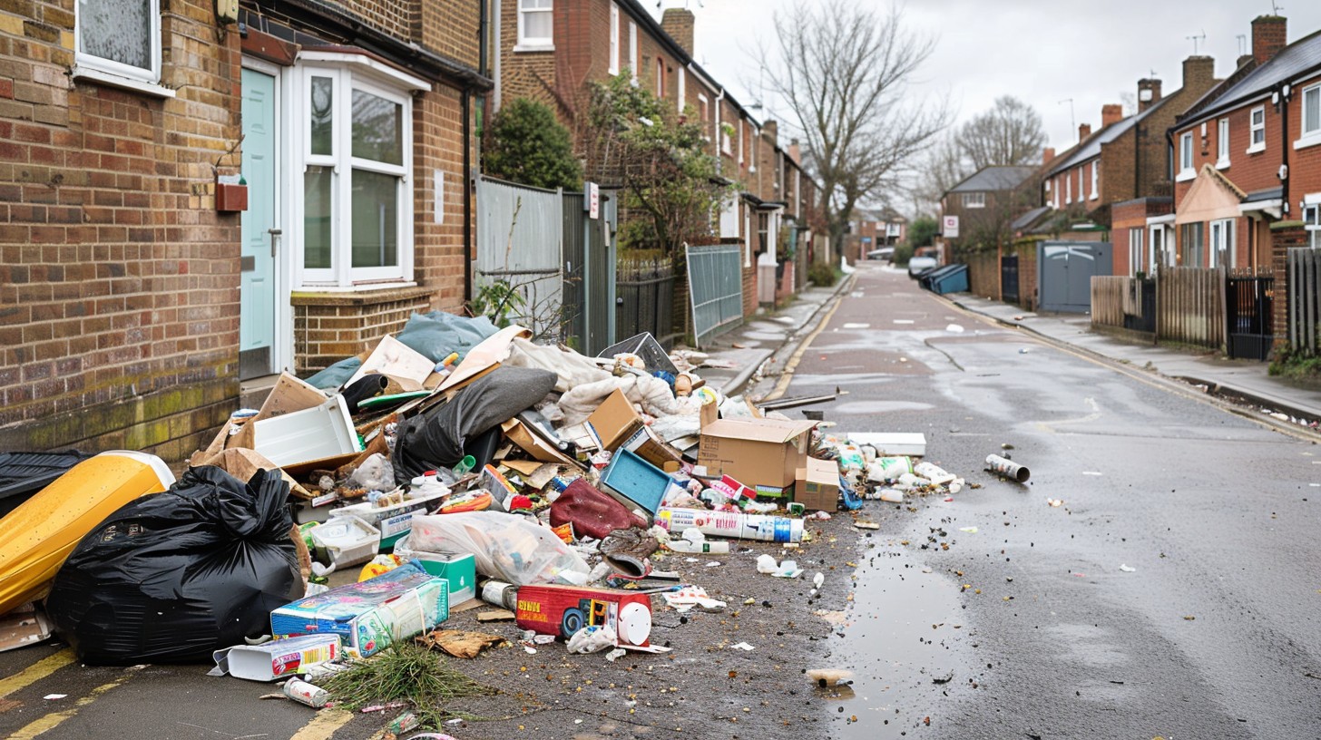 large illegal fly-tipping waste dump in a run-down South London suburban street
