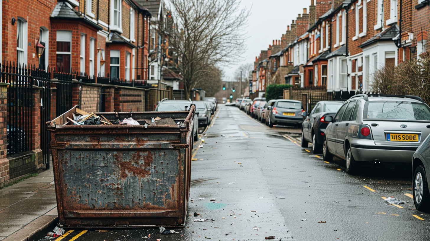 a large London skip on a quiet residential street in North London
