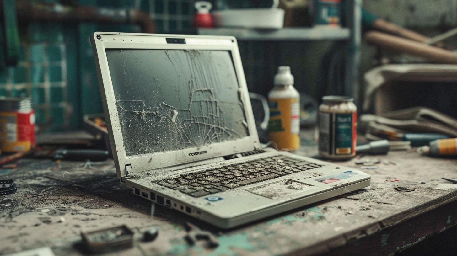 old dusty Toshiba laptop abandoned in a cluttered London garage